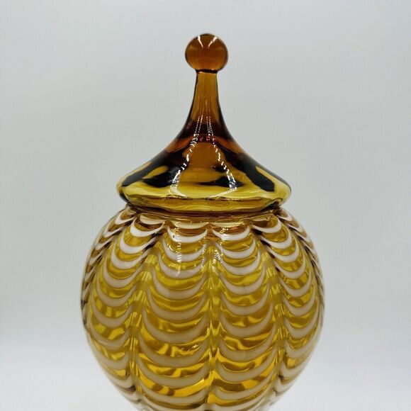 MCM Italy LAVORAZIONE EMPOLI Draped Amber cameo Art Glass Vase Compote Lidded - Picture 2 of 15